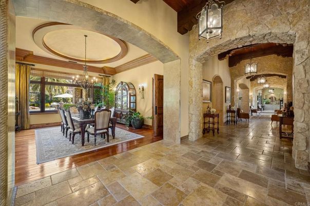 Chandelier, Dining room, Interior, Pendant Lights, Stone Walls, Wood Texture Flooring