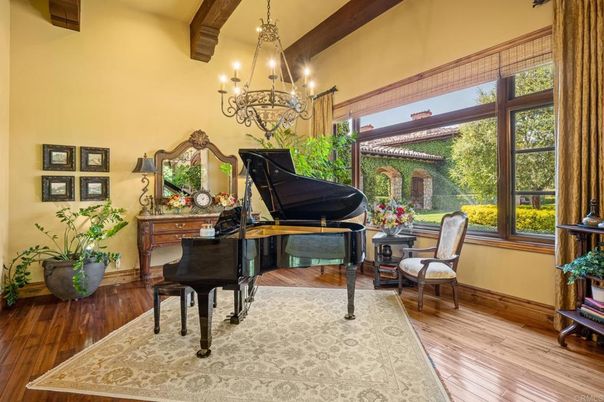 Chandelier, Interior, Piano, Wooden Beams, Wood Texture Flooring