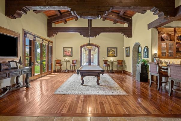 Billiard Table, Game Room, Interior, Pendant Lights, Wooden Beams, Wooden Ceilings, Wood Texture Flooring