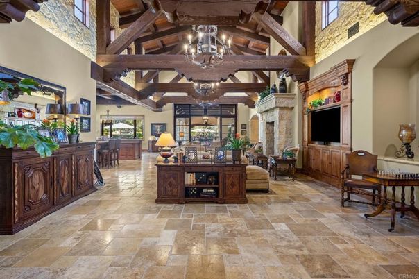 Chandelier, Dining room, Fireplace, Interior, Living room, Wooden Beams