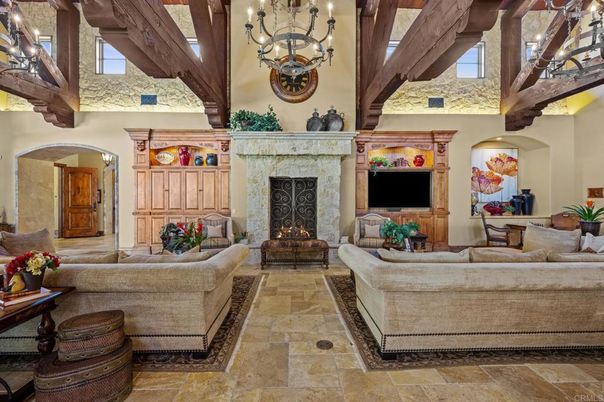 Chandelier, Fireplace, Interior, Living room, Wooden Beams