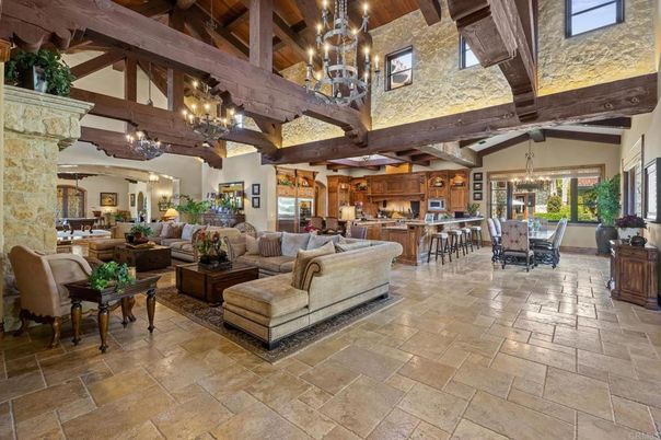 Chandelier, Dining room, Fireplace, Interior, Kitchen, Living room, Pendant Lights, Wooden Beams, Wooden Ceilings