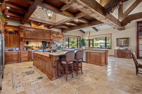 Chandelier, Interior, Kitchen, Pendant Lights, Wooden Beams