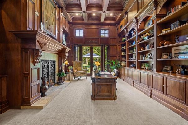 Fireplace, Home Office, Interior, Recessed Lighting, Wooden Beams, Wooden Ceilings, Wooden Walls