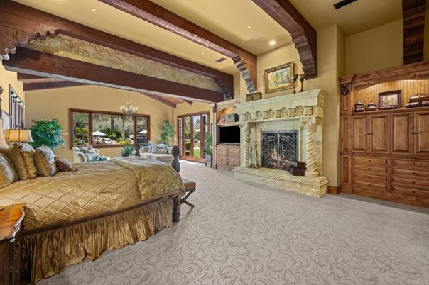 Bedroom, Chandelier, Fireplace, Interior, Recessed Lighting, Wooden Beams