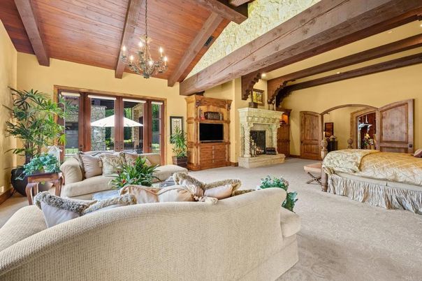 Chandelier, Fireplace, Interior, Living room, Wooden Beams, Wooden Ceilings