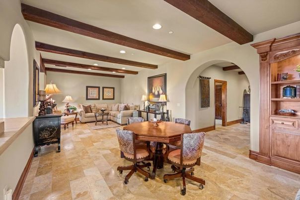 Dining room, Interior, Living room, Recessed Lighting, Wooden Beams
