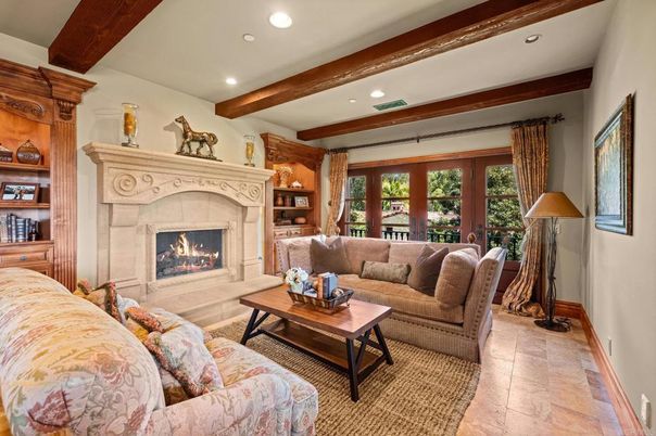 Fireplace, Interior, Living room, Recessed Lighting, Wooden Beams