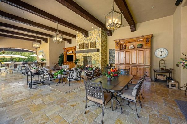 Dining room, Fireplace, Interior, Living room, Pendant Lights, Recessed Lighting, Wooden Beams