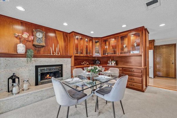 Dining room, Fireplace, Interior, Recessed Lighting, Wooden Walls
