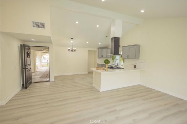 Chandelier, Interior, Kitchen, Recessed Lighting, Wood Texture Flooring