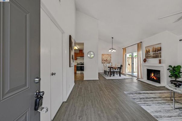 Dining room, Fireplace, Interior, Kitchen, Pendant Lights, Wood Texture Flooring