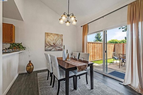 Dining room, Interior, Pendant Lights, Wood Texture Flooring