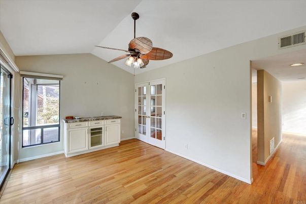 Empty room, Interior, Kitchen, Recessed Lighting, Wood Texture Flooring