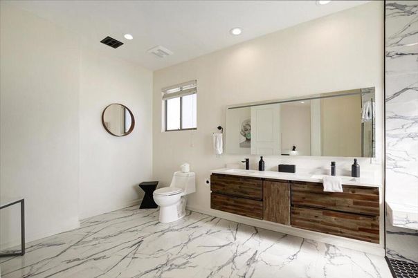 Bathroom, Dual Sink Vanities, Interior, Marble, Marble Walls, Recessed Lighting
