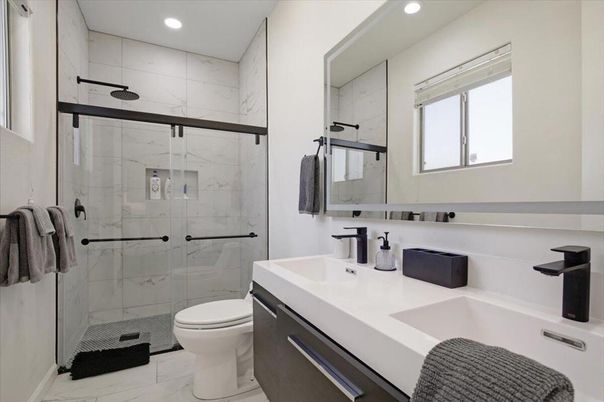 Bathroom, Glass Shower, Interior, Marble, Marble Walls, Recessed Lighting