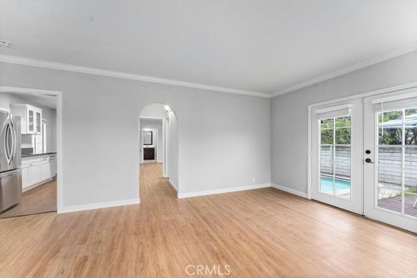 Empty room, Interior, Kitchen, Stainless Steel Appliances, Wood Texture Flooring