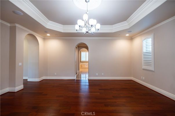Chandelier, Empty room, Interior, Recessed Lighting, Wood Texture Flooring