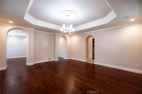 Chandelier, Empty room, Interior, Recessed Lighting, Wood Texture Flooring