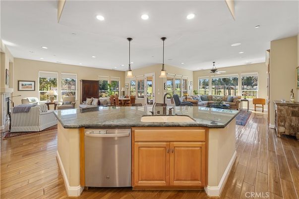 Dining room, Fireplace, Interior, Kitchen, Living room, Pendant Lights, Recessed Lighting, Wood Texture Flooring