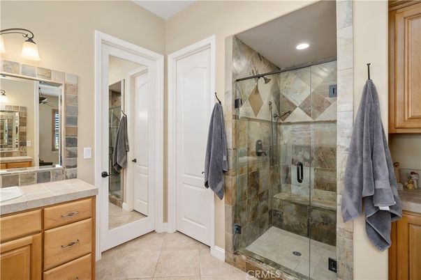 Bathroom, Glass Shower, Interior, Recessed Lighting, Tile Countertops