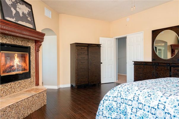 Bedroom, Fireplace, Interior, Wood Texture Flooring