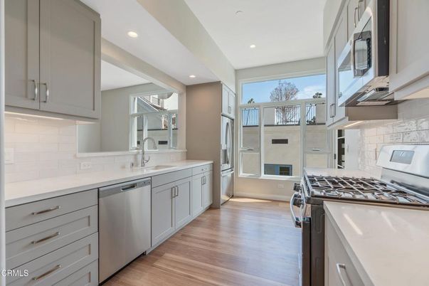 Interior, Kitchen, Recessed Lighting, Stainless Steel Appliances, Wood Texture Flooring