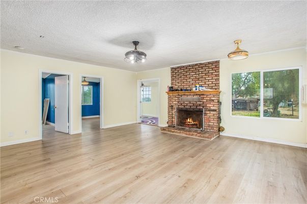Empty room, Fireplace, Interior, Stone Walls, Wood Texture Flooring