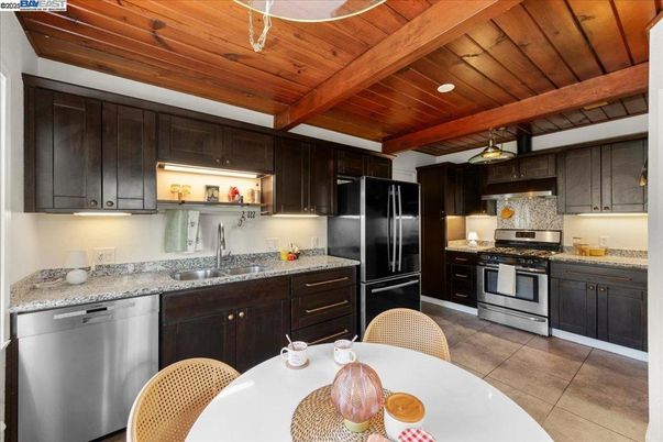 Interior, Kitchen, Pendant Lights, Stainless Steel Appliances, Wooden Beams, Wooden Ceilings