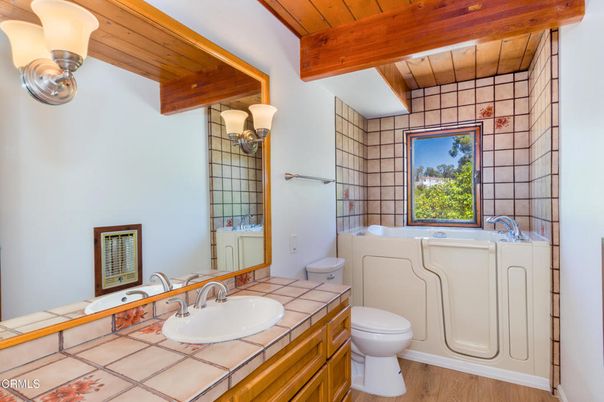 Bathroom, Interior, Tile Countertops, Wooden Beams, Wooden Ceilings, Wood Texture Flooring