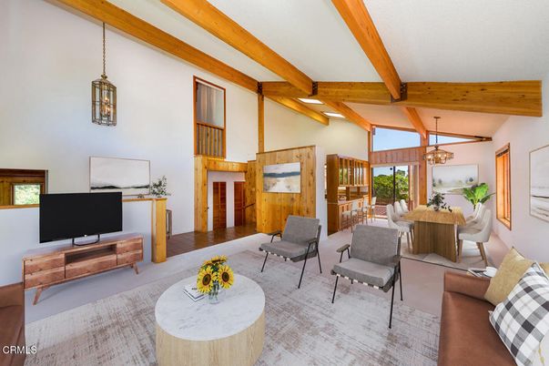 Dining room, Interior, Living room, Pendant Lights, Wooden Beams, Wood Texture Flooring