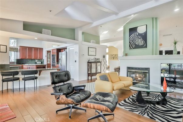 Dining room, Fireplace, Interior, Kitchen, Living room, Recessed Lighting, Wood Texture Flooring