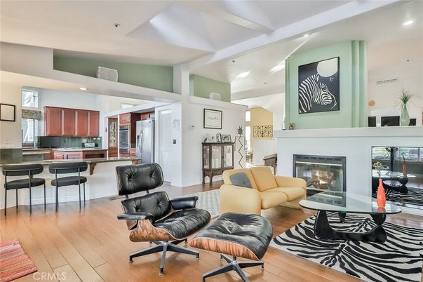 Dining room, Fireplace, Interior, Kitchen, Living room, Recessed Lighting, Wood Texture Flooring