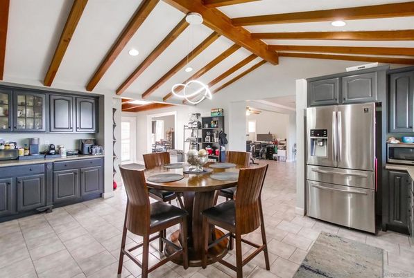 Dining room, Interior, Kitchen, Pendant Lights, Recessed Lighting, Stainless Steel Appliances, Wooden Beams