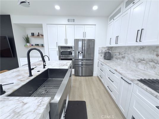 Interior, Kitchen, Recessed Lighting, Stainless Steel Appliances, Wood Texture Flooring