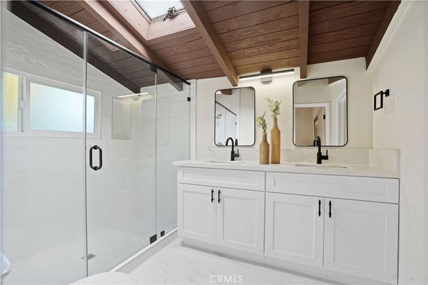 Bathroom, Dual Sink Vanities, Glass Shower, Interior, Marble, Wooden Beams, Wooden Ceilings