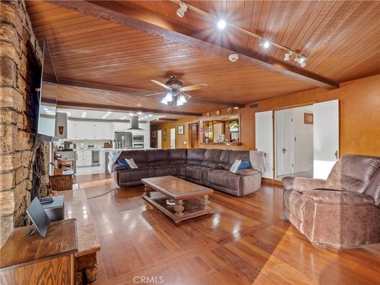 Fireplace, Interior, Kitchen, Living room, Stainless Steel Appliances, Stone Walls, Wooden Beams, Wooden Ceilings, Wood Texture Flooring