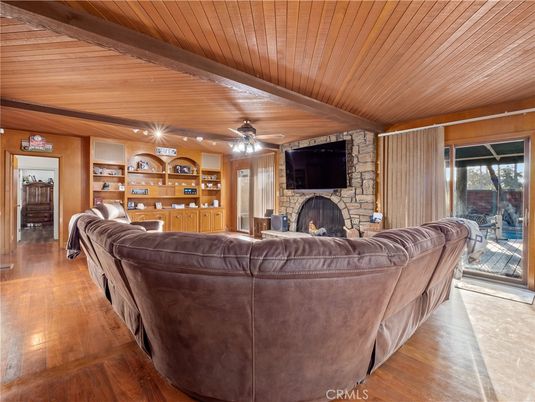 Fireplace, Interior, Living room, Recessed Lighting, Stone Walls, Wooden Beams, Wooden Ceilings, Wood Texture Flooring