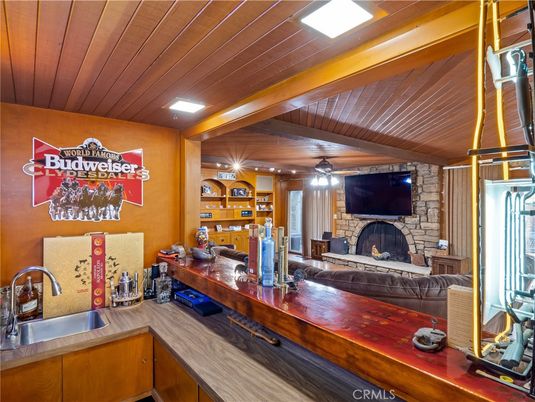 Fireplace, Interior, Kitchen, Recessed Lighting, Stone Walls, Wooden Ceilings