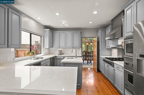 Interior, Kitchen, Recessed Lighting, Stainless Steel Appliances, Wood Texture Flooring