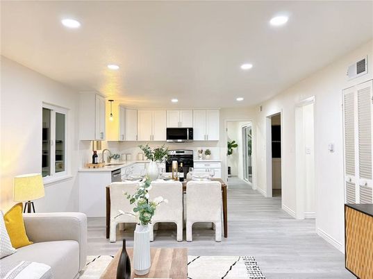 Interior, Kitchen, Living room, Recessed Lighting, Stainless Steel Appliances, Wood Texture Flooring