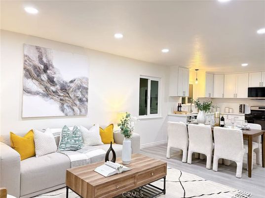 Dining room, Interior, Kitchen, Living room, Pendant Lights, Recessed Lighting, Stainless Steel Appliances, Wood Texture Flooring