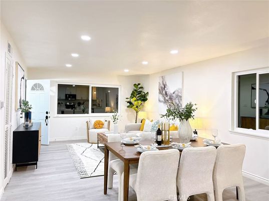 Dining room, Interior, Living room, Recessed Lighting, Wood Texture Flooring