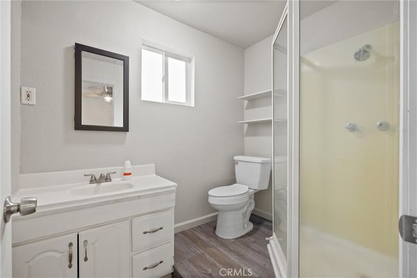 Bathroom, Glass Shower, Interior, Wood Texture Flooring