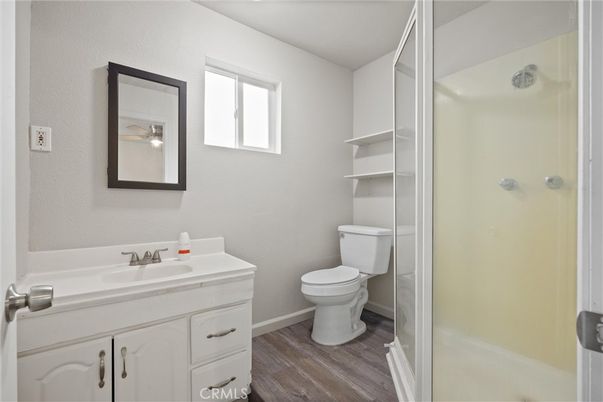 Bathroom, Glass Shower, Interior, Wood Texture Flooring