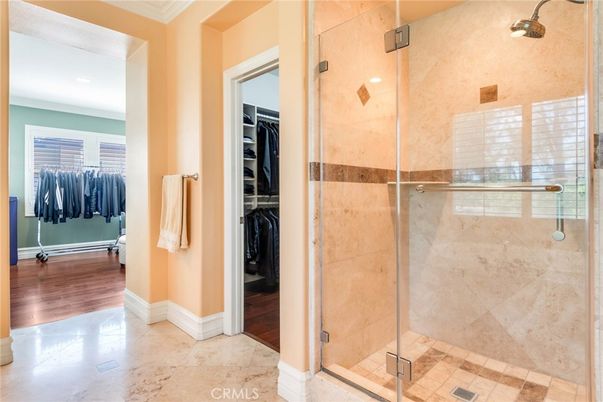 Bathroom, Glass Shower, Interior, Recessed Lighting, Walk-in Closets, Wood Texture Flooring