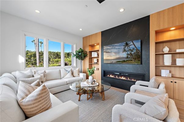 Fireplace, Interior, Living room, Marble Walls, Recessed Lighting, Wood Texture Flooring, Wooden Walls