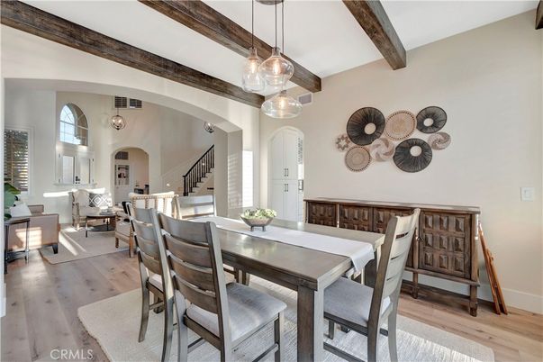 Dining room, Interior, Living room, Pendant Lights, Wooden Beams, Wood Texture Flooring