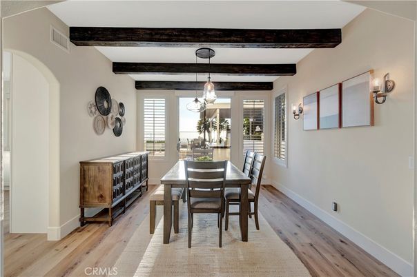 Dining room, Interior, Pendant Lights, Wooden Beams, Wood Texture Flooring