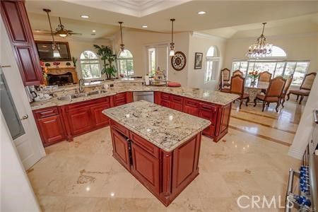 Chandelier, Dining room, Fireplace, Interior, Kitchen, Marble, Pendant Lights, Recessed Lighting